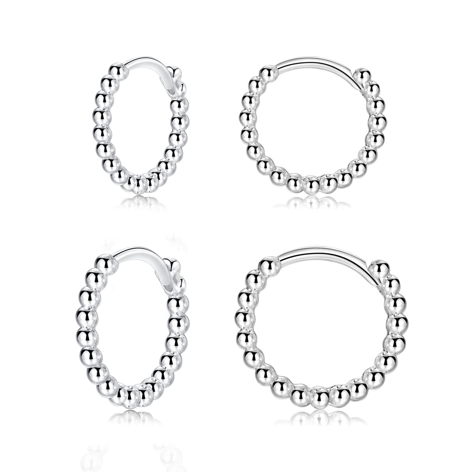 CERSLIMO Silver Hoop Earrings for Women| 3 Pairs Small Sterling Silver Post Beaded Huggie Earrings| Hypoallergenic Tiny Cartilage Sleeper Cuff Jewelry