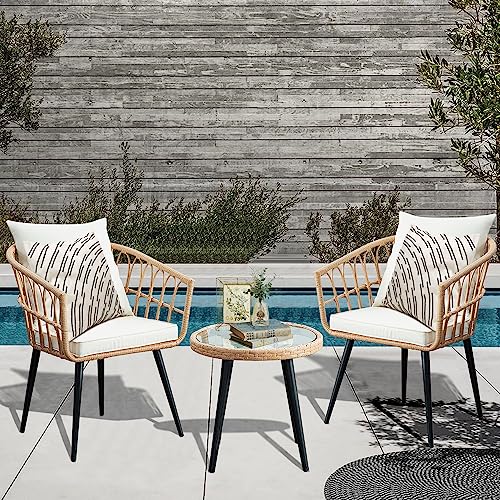 Outdoor Wicker Bistro Set for Small Spaces, Beige