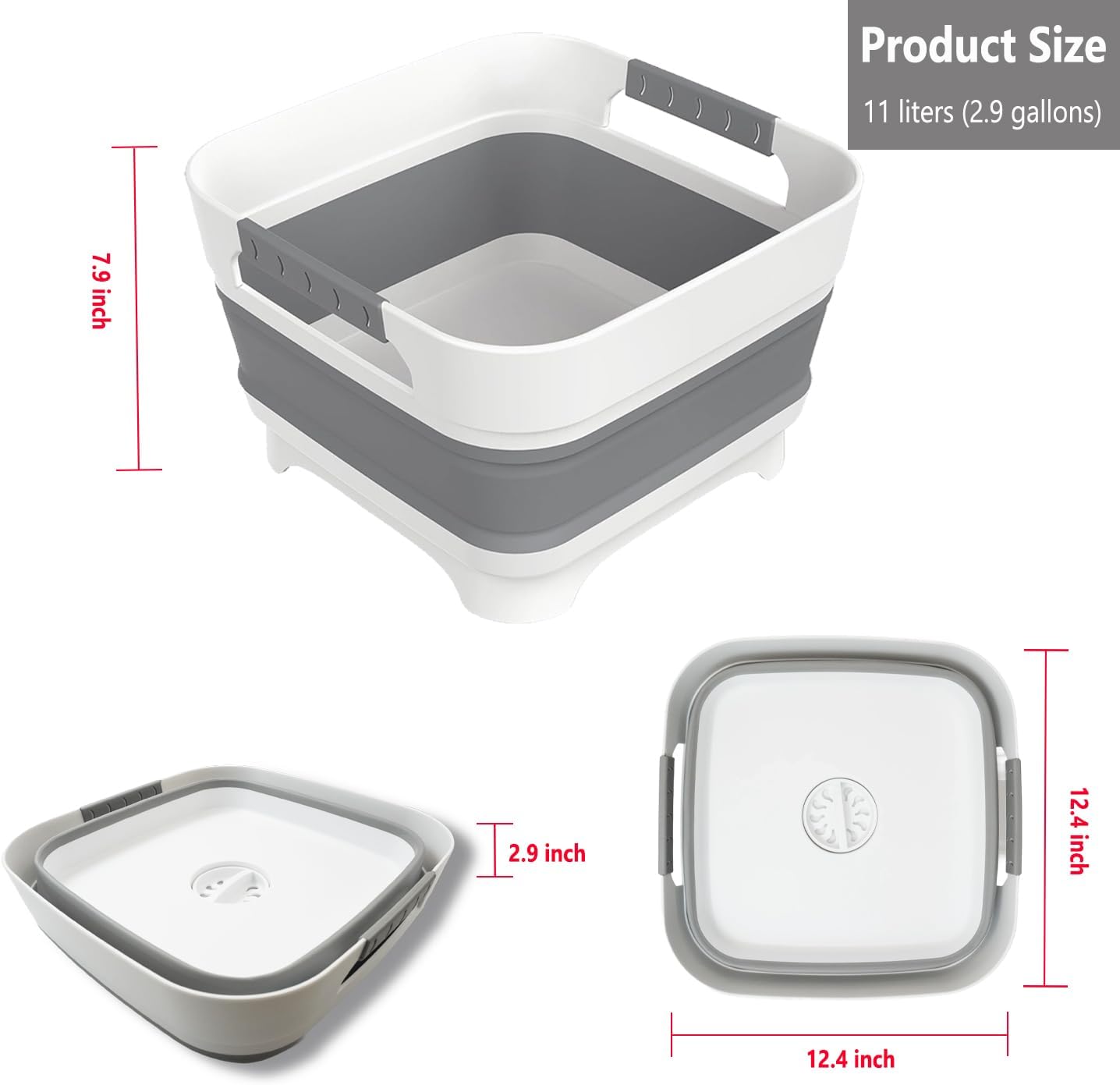 2.9 gal(11l) collapsible wash basin with drain plug, space saving multiuse foldable sink tub,dishpan,rv camping sink,vegetable washing basin,ice beverage tubs,laundry & kitchen use white