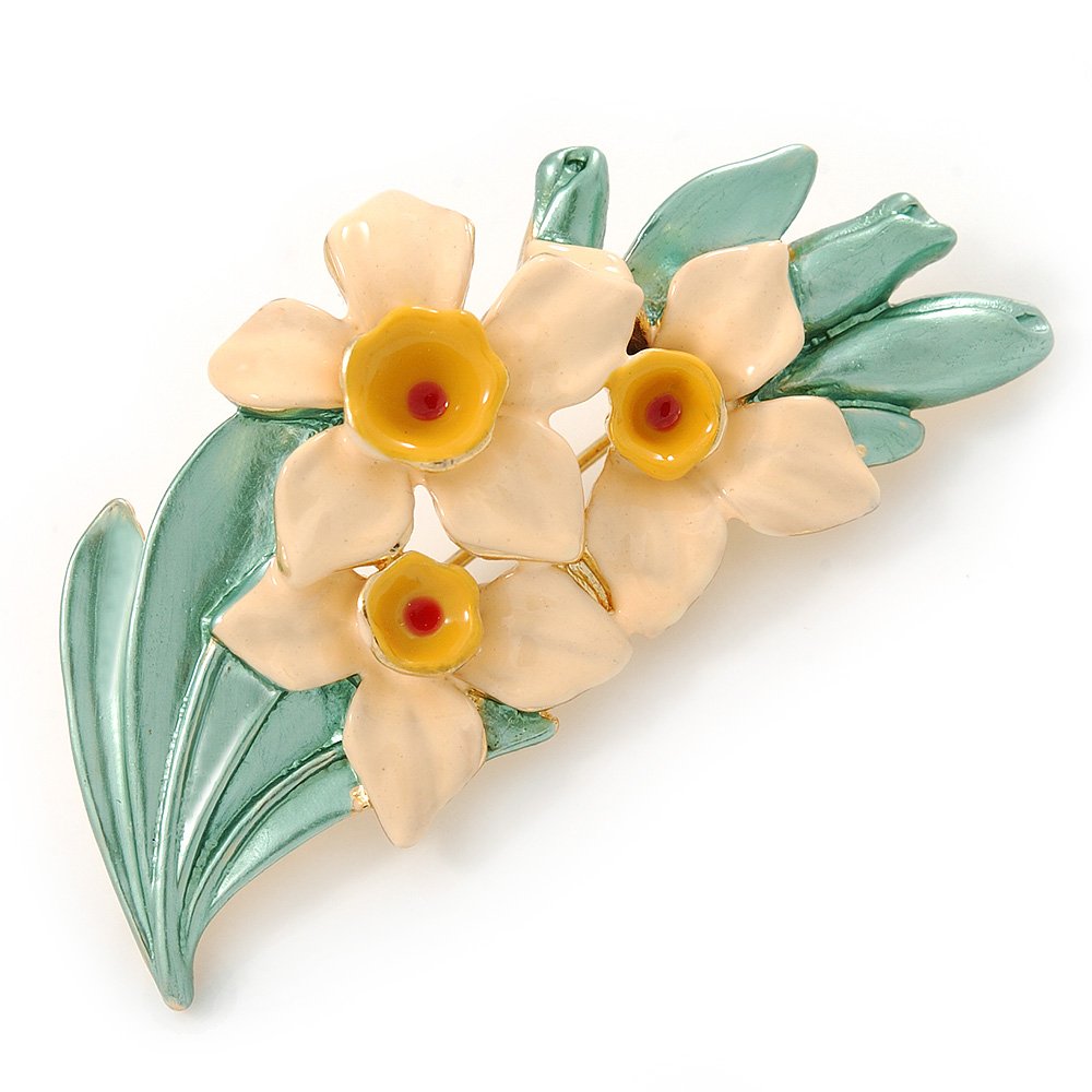 Broche florale jonquille plaqué or et émail grand feu finitions luxe - 6