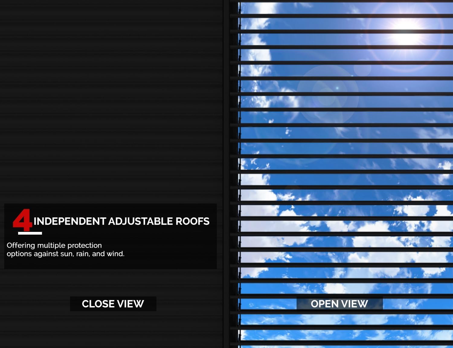 Nahaufnahme view of the pergola's louvered roof showing independent adjustable sections for sun and rain protection.