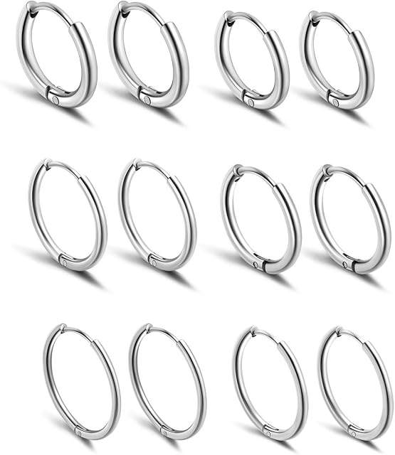 JSDDE 12 pieces surgical steel hoop earrings set folding hoop earrings fake plugs ear piercing helix cartilage bar hoop ring stud earrings huggie hoop earrings 6-16 mm