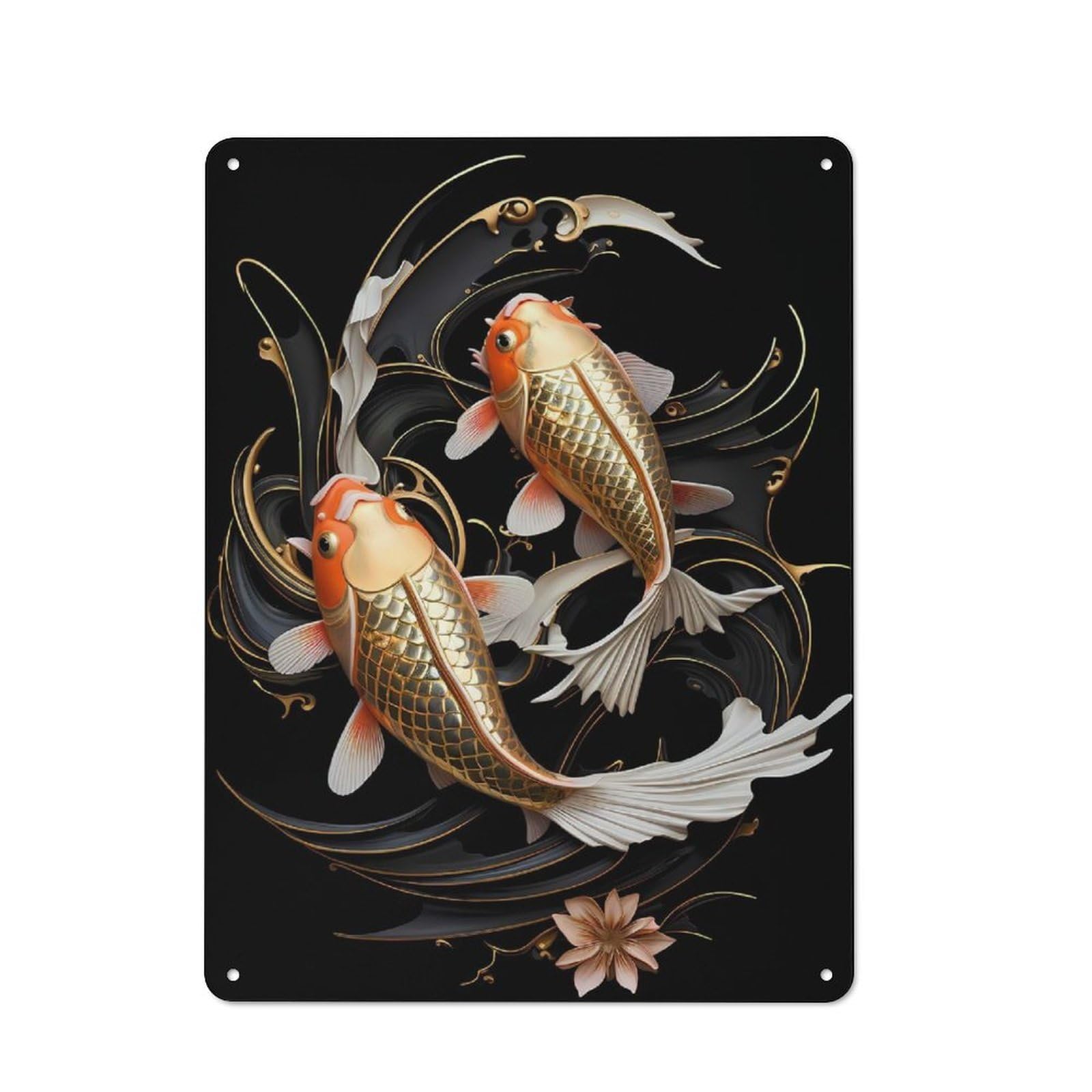 Rustic Tin Sign with Golden Koi Japan Fish Art Design 40x30cm, Casual Garden Room Wall Plaque for Shed, Garden Room, Porch Or Garage