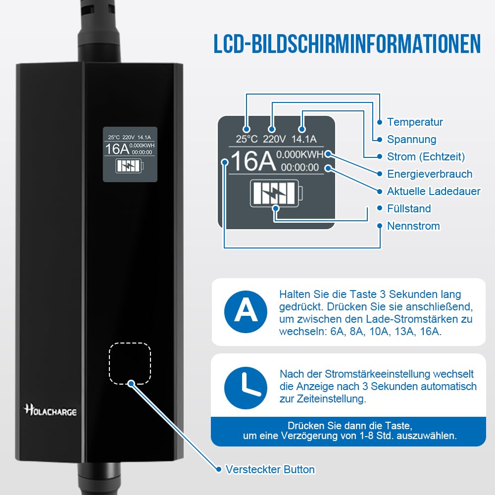 3,68 kW typ 2 przenośny kabel do ładowania samochód elektryczny 5 m czarny ładowarka EV ze sterowanym wyświetlaczem cyfrowym i jednofazowym zestykiem ochronnym UE do IEC 62196-2 i PHEV/EV