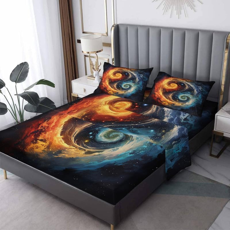 Yin Yang Sábanas tamaño King  Sábanas de cama de hielo y fuego, microfibra suave y bolsillo profundo y sábanas y fundas de almohada, 4 piezas (1