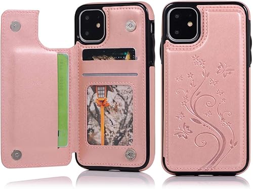 UEEBAI Funda para iPhone 11, funda de piel sintética de lujo dos cierres magnéticos ranuras para tarjetas Función de soporte Patrón de flor de