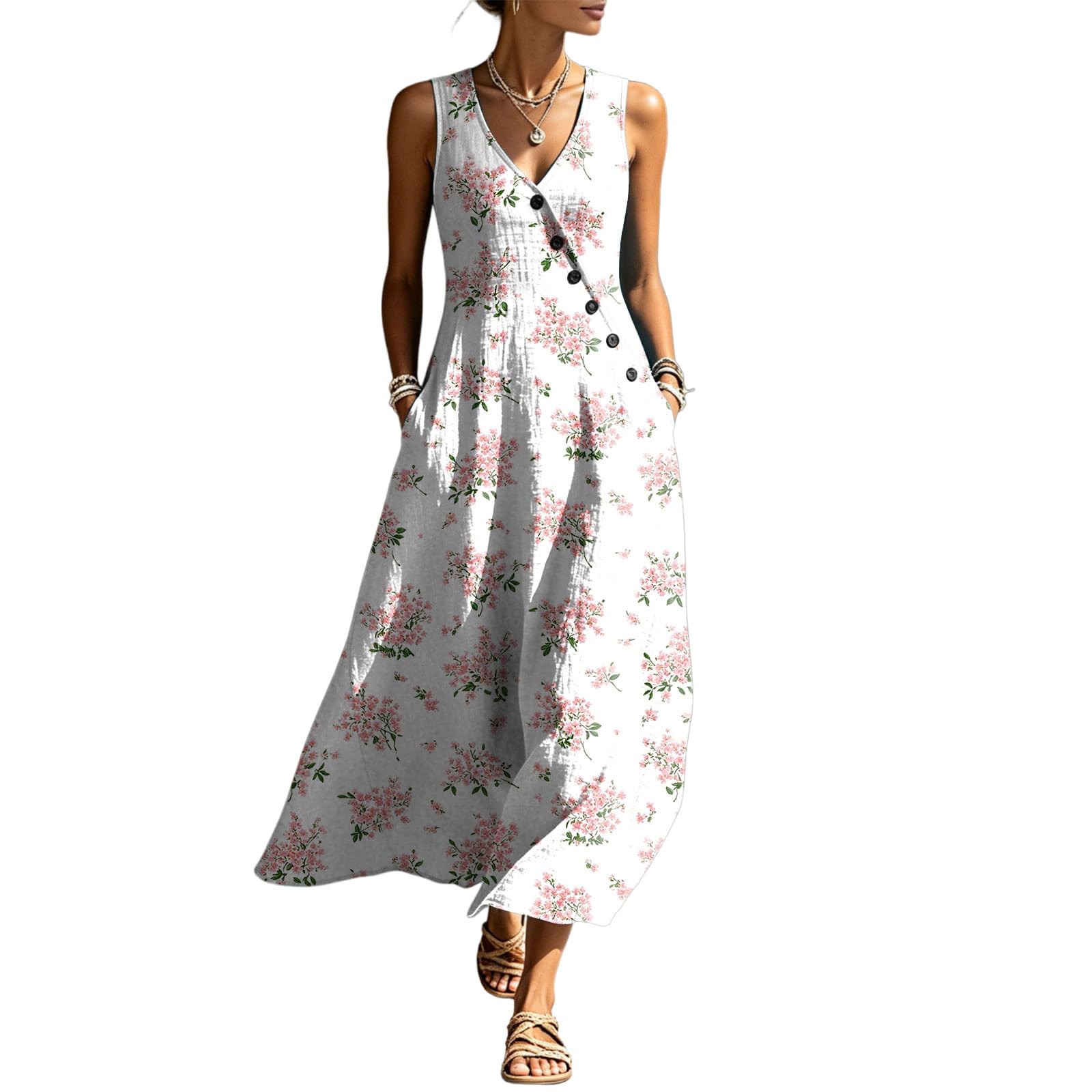 Abiti Estivi Donna Cotone Corti Abito Estivo da Donna Senza Maniche con Fantasia Floreale, Bottoni Asimmetrici e Scollo a V. Abito Estivo