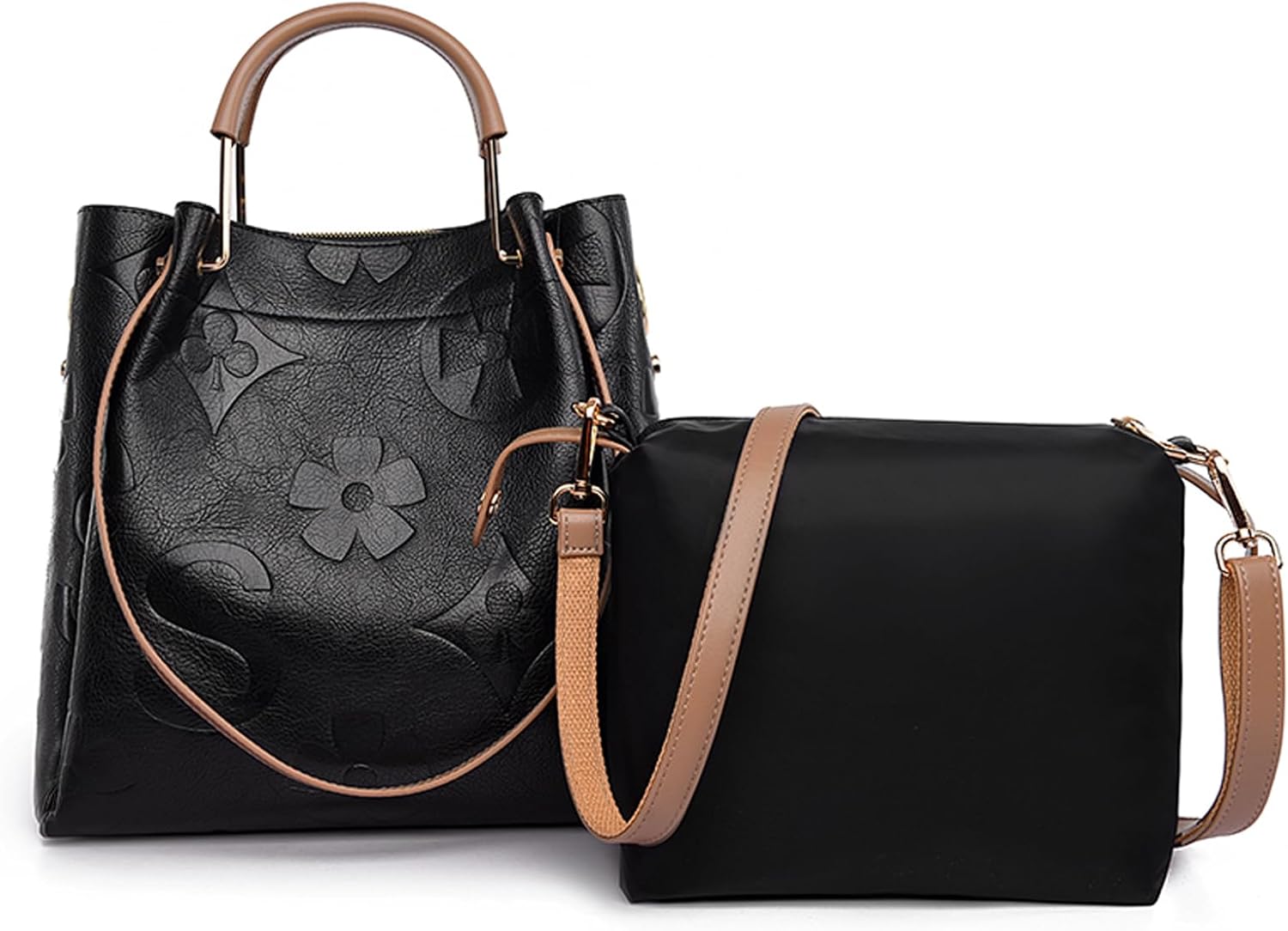 Travistar Floral Handbags Purses Women - Embossed Leather Top Handle Handbag Set Large Shoulder Bag Ladies Bucket Hobo Tote