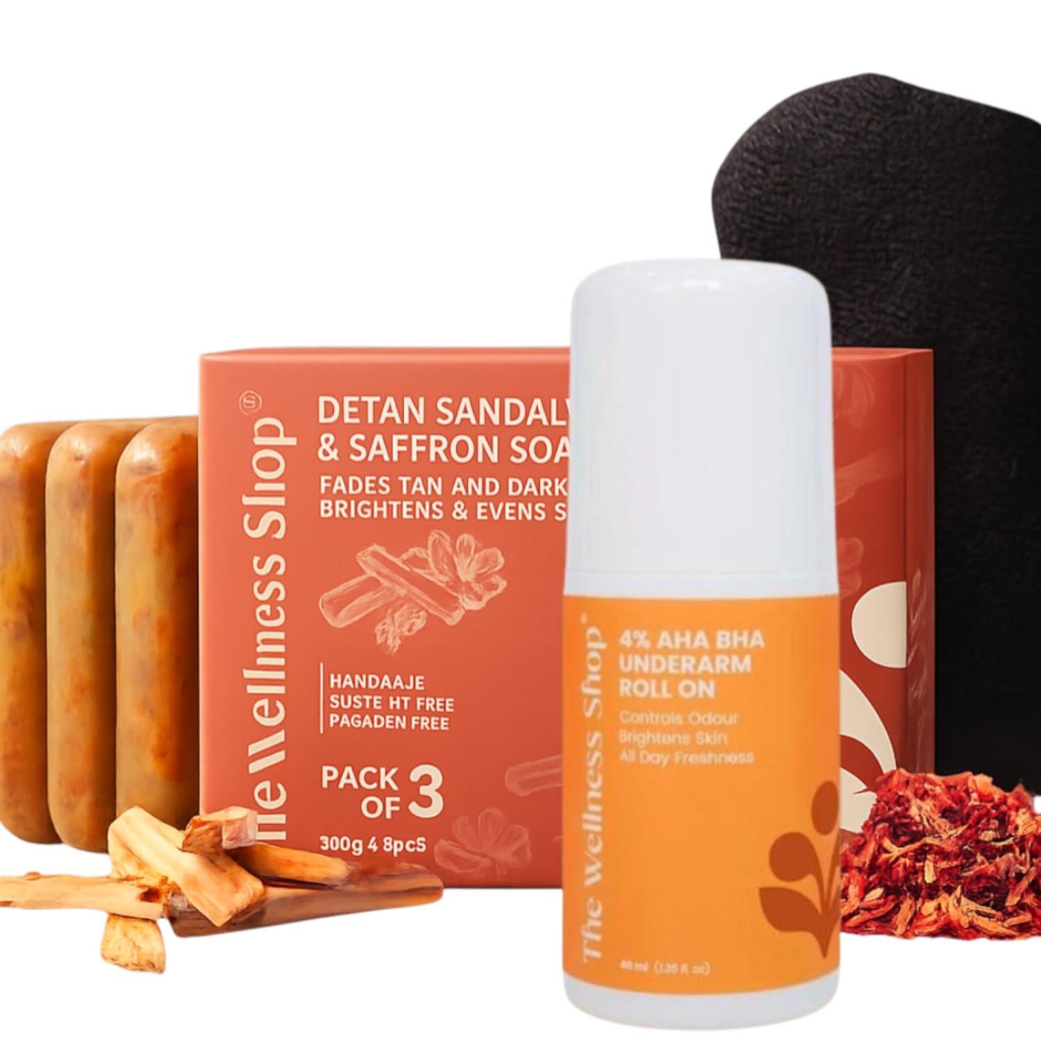 The Wellness Shop Combo Set Detan Sandalwood & Saffron Soap Pack of 3 (100g Each) with Exfoliating Glove & 4% AHA BHA Underarm Roll On (40ml) | Tan Removal, Brightening & Odour Control Kit