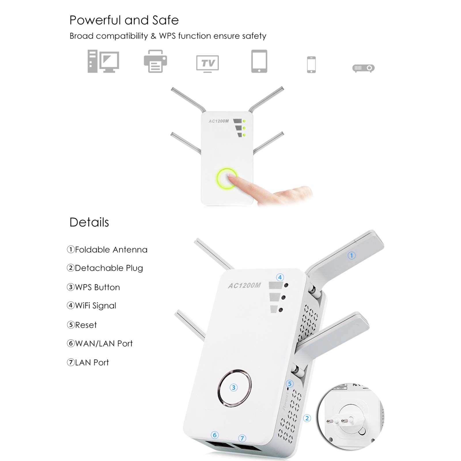 AIZYR 1200 Mbps Repetidor De Banda Dual Inalámbrico De CA/Amplificador De Rango Inalámbrico Ap Amplificador De Señal WiFi con 4 Antenas Externas Configuración De WPS Y Un Clic,Au Plug