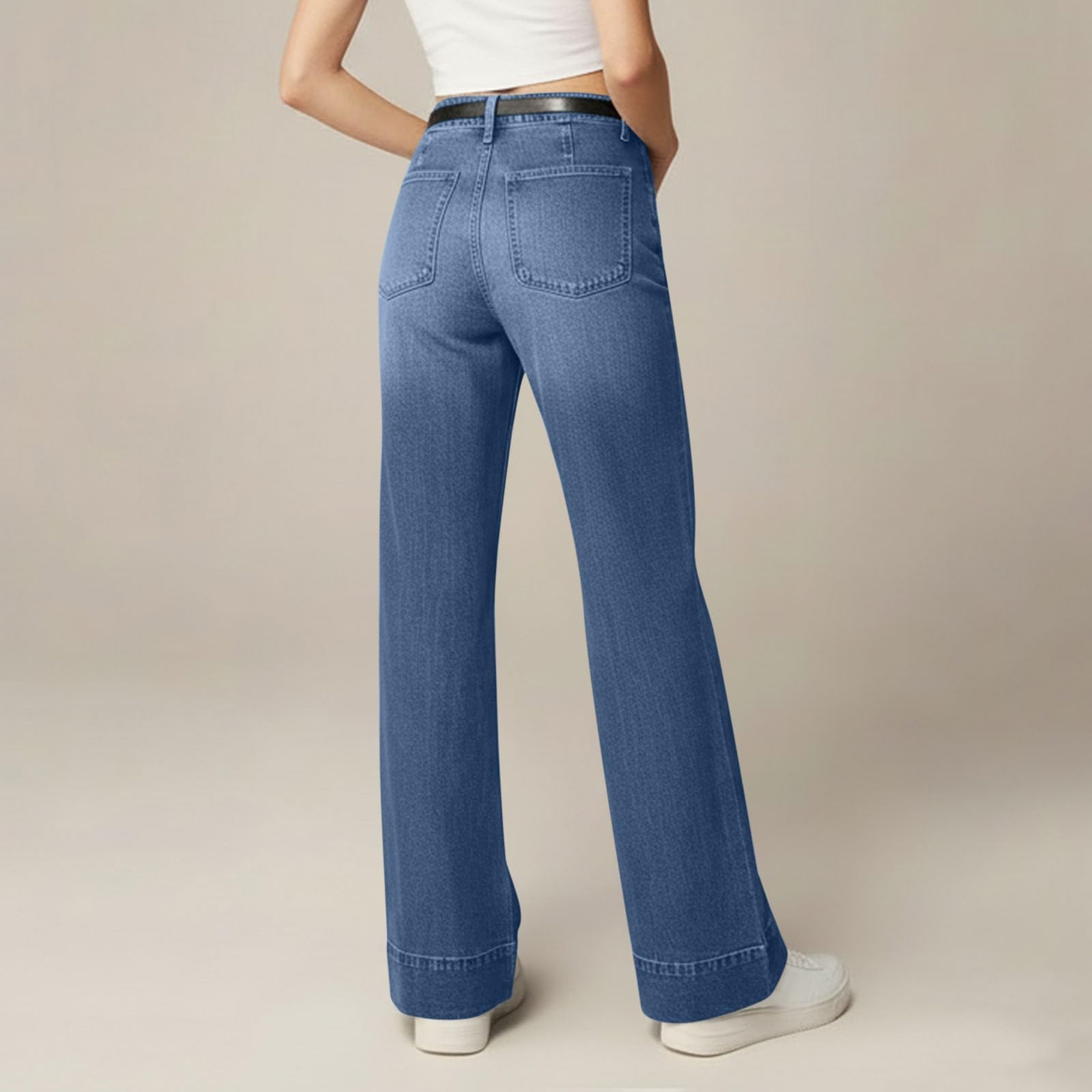 Jeans extra lunghi, da donna, a vita alta, a gamba larga, in denim, con bottoni, con tasche, stile retrò, vestibilità comoda, per il tempo libero, da donna