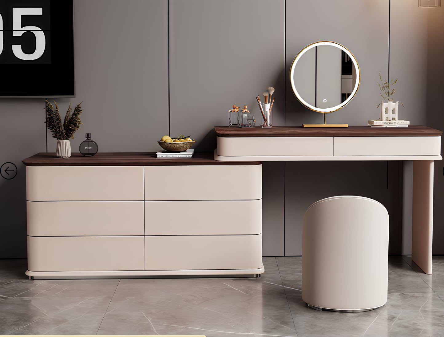 Contemporary Minimalist Vanity Desk Featuring a Sleek| Layered Design| Generous Streamlined Storage| an Elegant Makeup Mirror| a Plush upholstered Stool - FIDDY Furniture-image-11