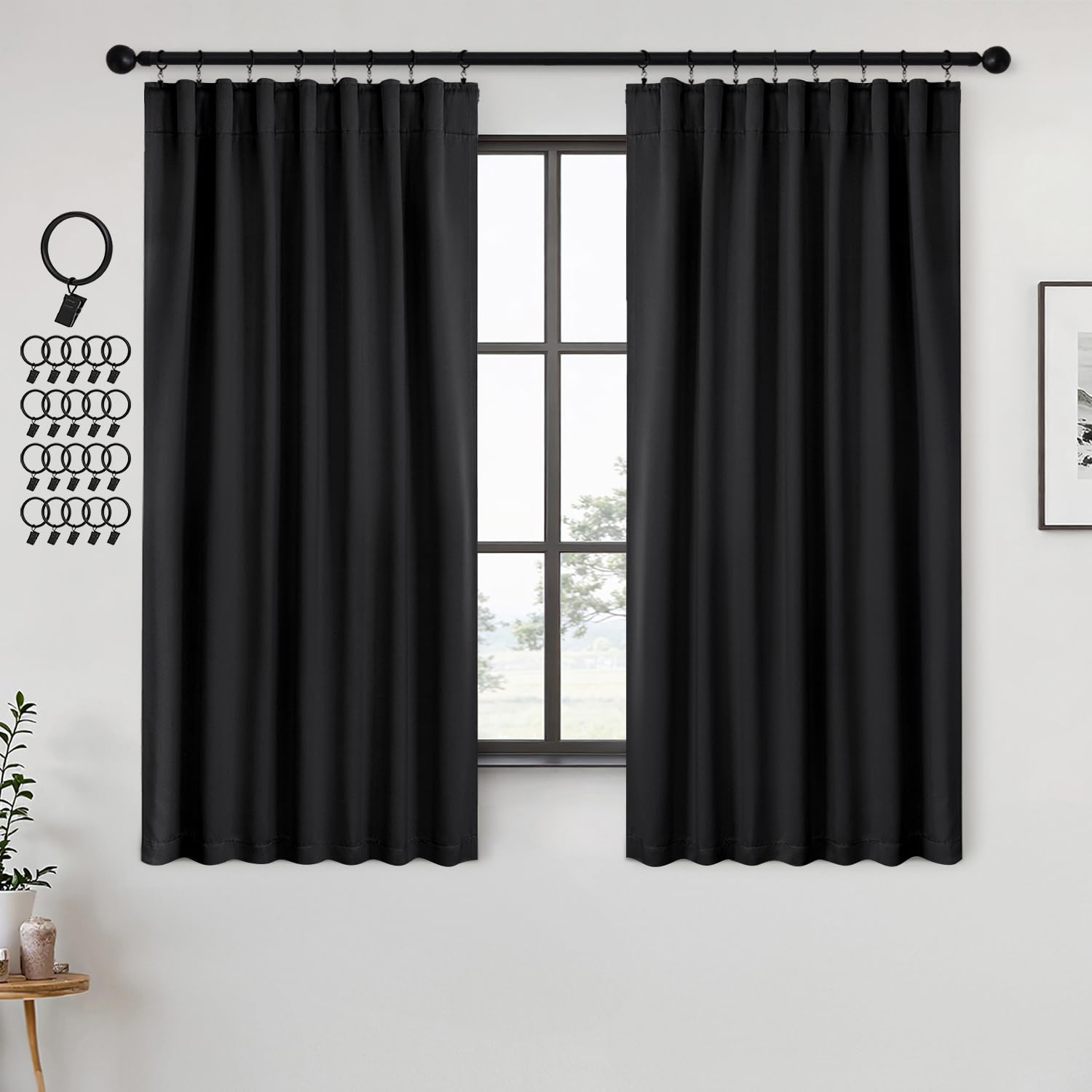 ANRODUO Rod Pocket and Back Tab Pleated Blackout Curtains with Hooks, Rings, Black Curtains 36 Inches Long 2 Panels, Thermal Insulated Room Darkening
