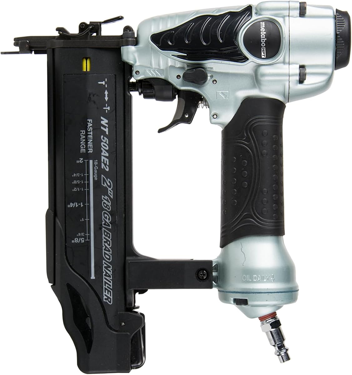Clavadora Metabo HPT Brad, profundidad ajustable neumática calibre 18, NT50AE2 | Dispara clavos de 5/8 a 2 pulgadas, trabajos de acabado y acabado, construcción de muebles, diseño liviano, fijación de precisión