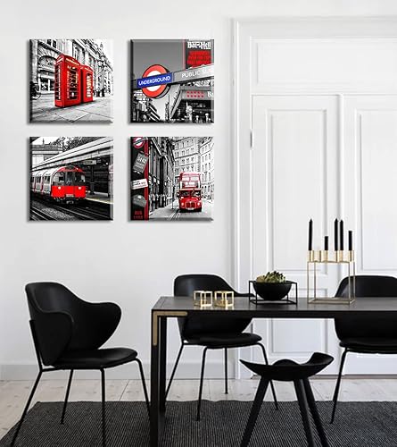 Miniatura 5 de JiazuGo Arte de pared en blanco y negro, decoración de pared roja, arte de construcción de ciudad, cabina de teléfono roja, autobús en Londres,