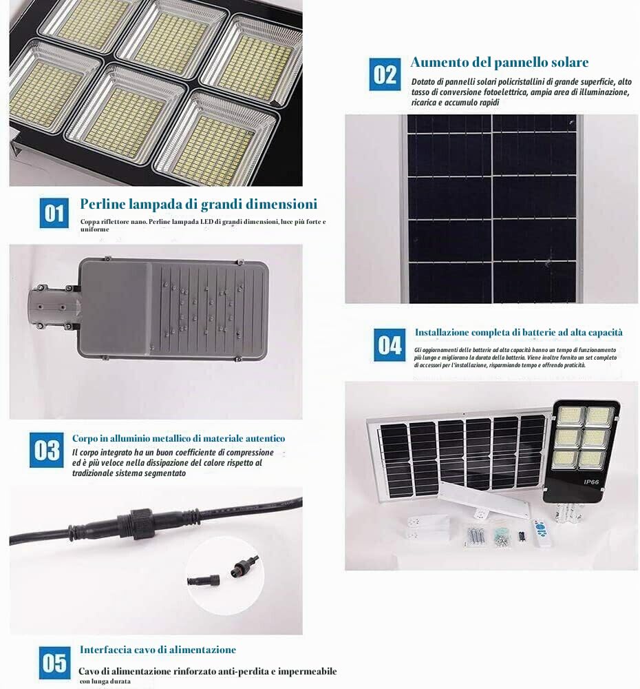 LAMPIONE SOLARE 600W FARO LED SMD CON PANNELLO SOLARE TELECOMANDO SENSORE CREPUSCOLARE ILLUMINAZIONE IP65 COLORE BIANCO FREDDO 6550K KIT DI 2 PEZZI