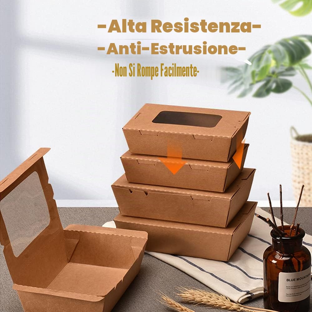Contenitore per Alimenti da Asporto, 50 Pezzi Scatola di Carta Kraft per Alimenti, Cartone per Insalata, con Finestra, a Prova di Olio e Acqua, per Sandwich, Cheesecake, Hamburger (900ml/32oz)