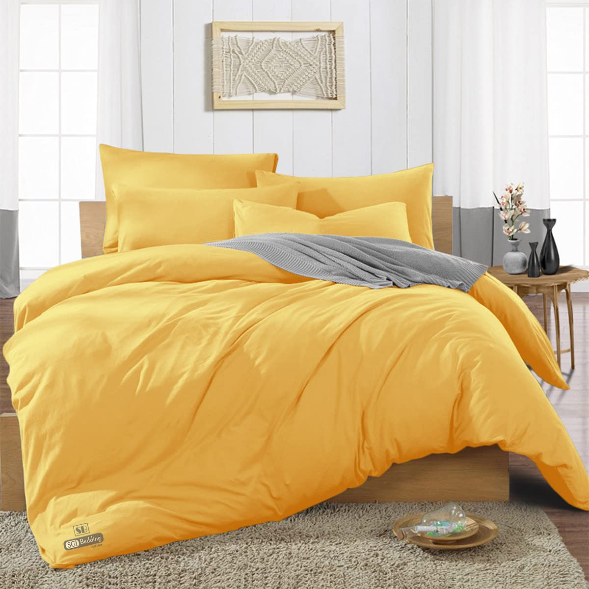 SGI 600 TC Super King Size Soft Sateen Weave 4PCS Duvet Covers Sets, Long Staple Egyptian Cotton Golden Bedding Set- Fitted sheet, Duvet Cover with 2 Pillowcases, Easy Care