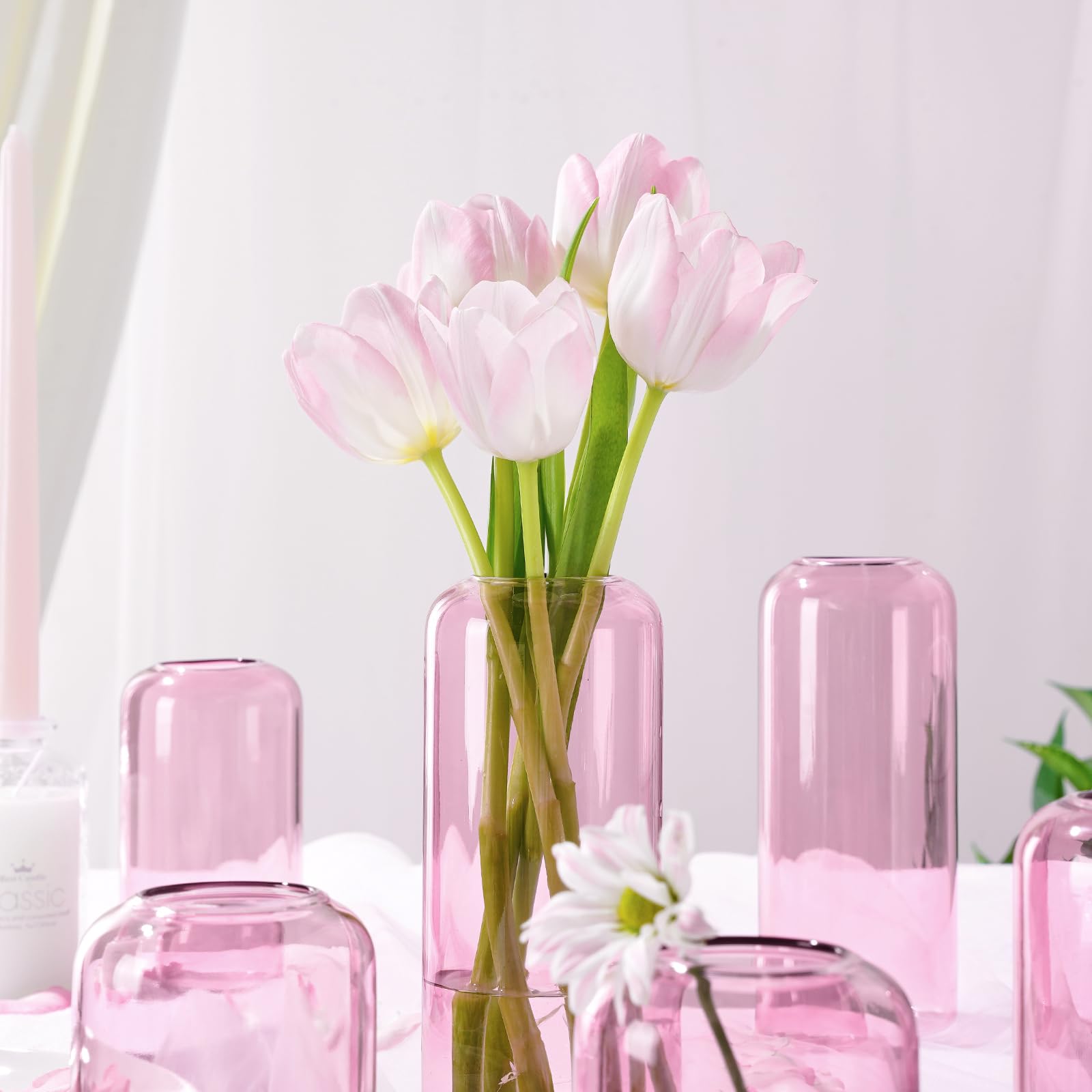 ZENS Knospenvasen 6er Set Rosa Klar Kleine Glasvase für Blumen Moderne mundgeblasene Zylinderglasvase für Hochzeit Empfang Tafelaufsätze Wohnzimmer Deko