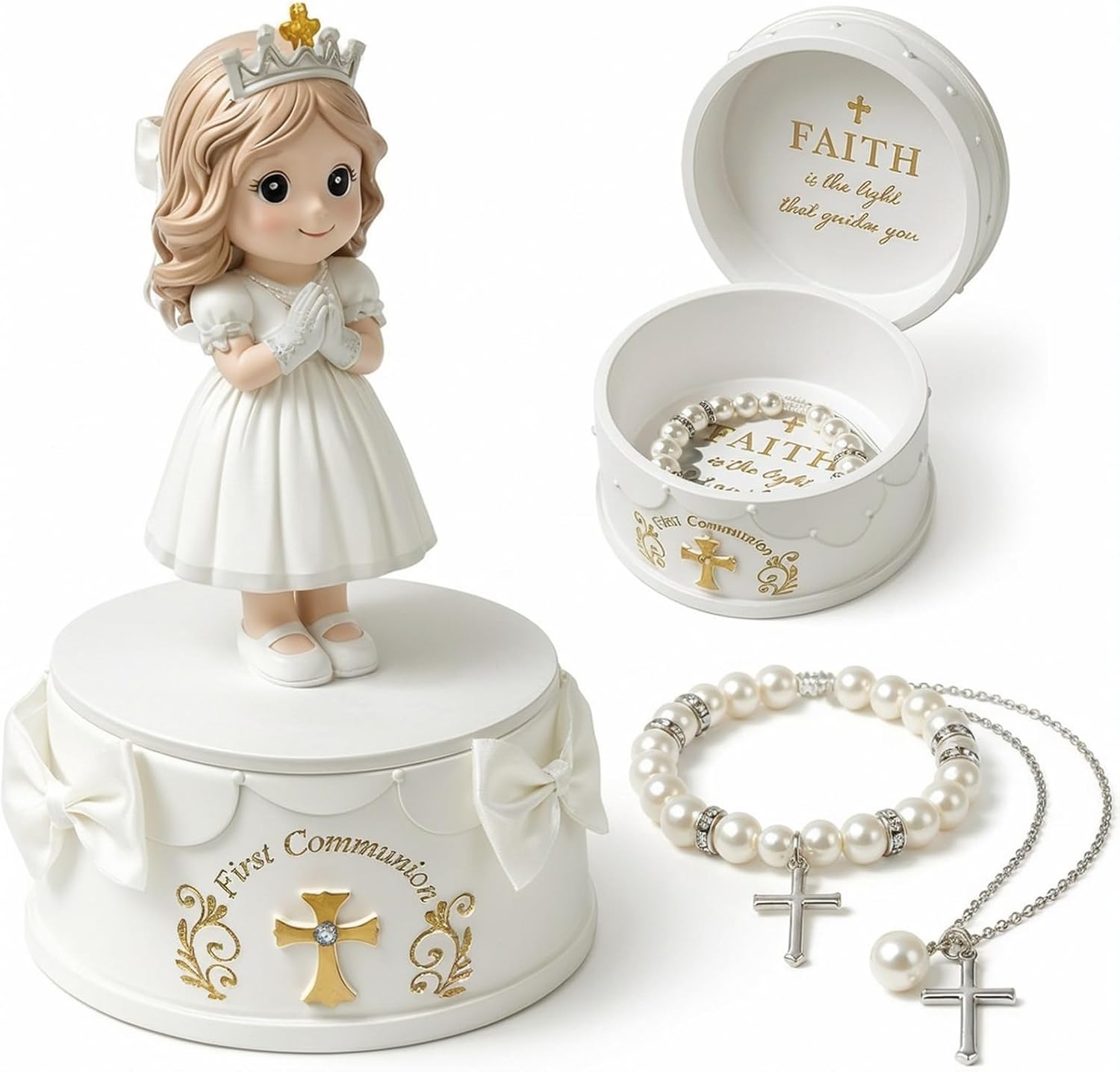 First Communion Gifts for Girls - 1st Holy Communion Gift with Prayerful Girl Figurine, Keepsake Box & Pearl Bracelet - Religious Keepsake Gift for Girls