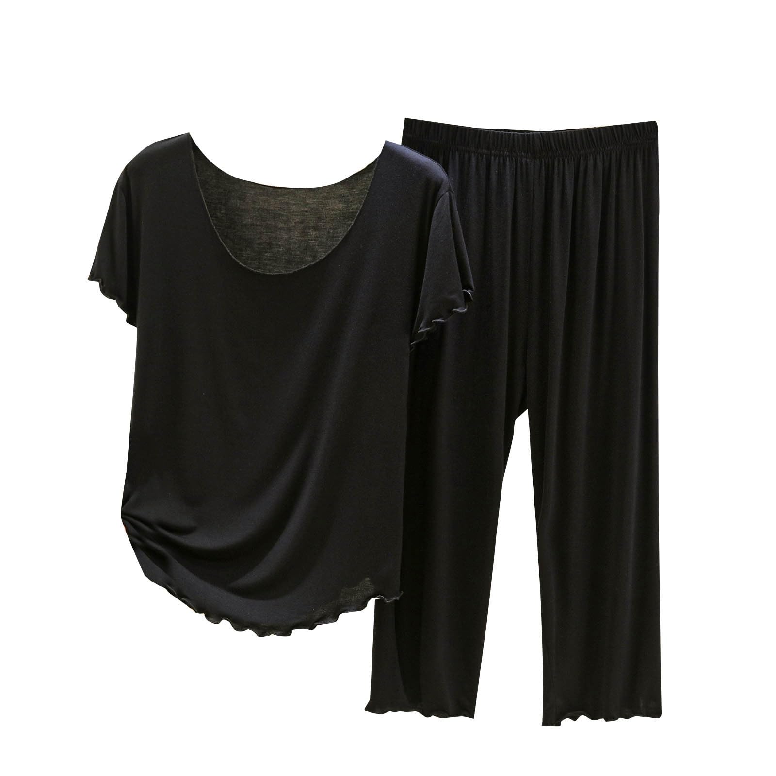 Pajamas Sets for Women Short Sleeve Scoop Neck Tops and Capris Pjs Stretchy Sleepwear Pajamas Summer Lounge Set