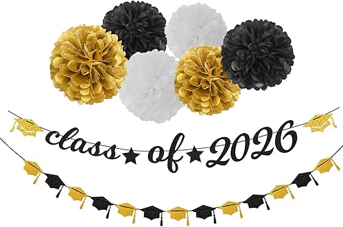 Pancarta de graduación de decoración de fiesta de oro blanco y negro – 8 kits de guirnalda de tapas de clase 2026, pompones de papel de papel,