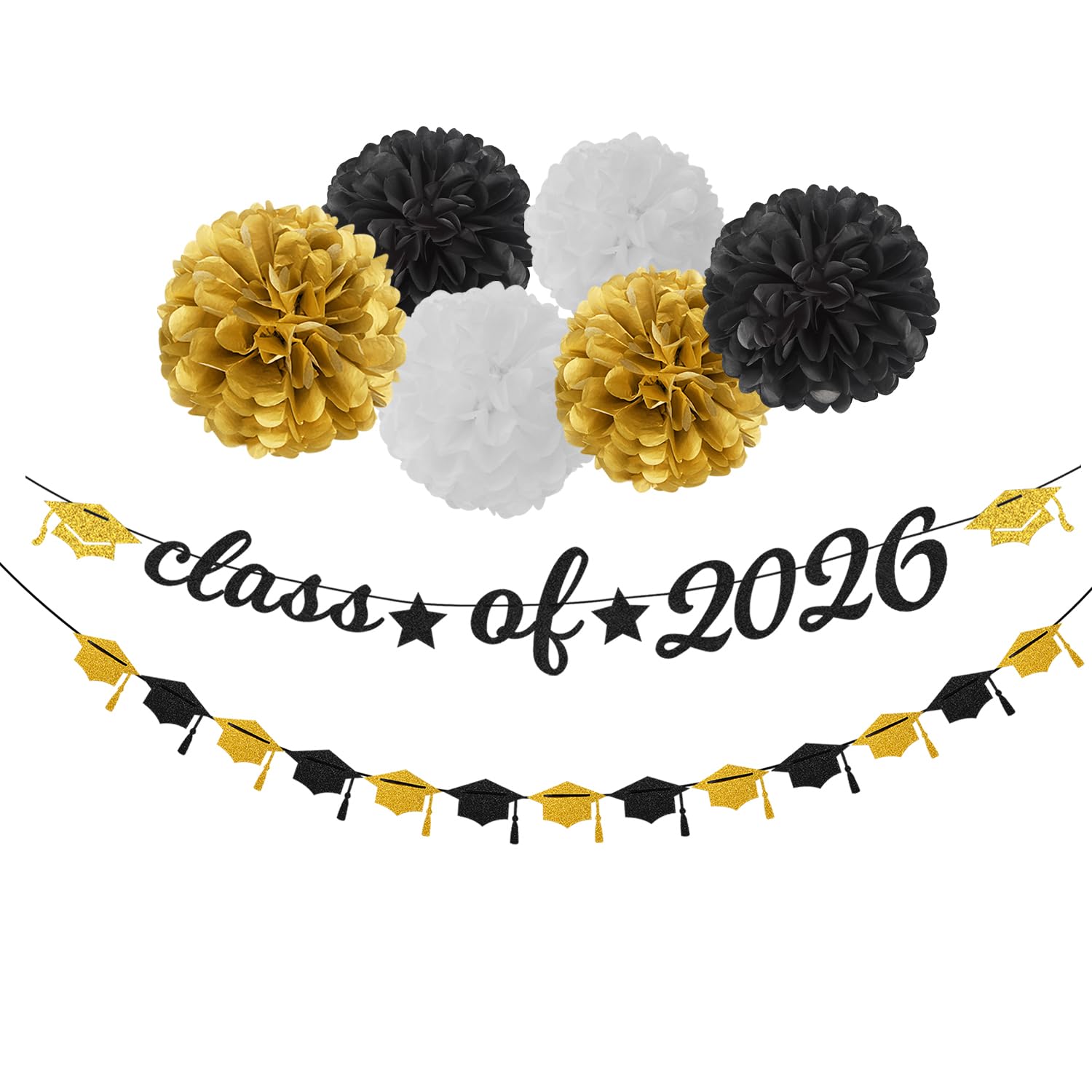 Black-White Gold Party-Decorations Graduation Banner - 8pcs Kits Class of 2026 Cap Garland Streamers, Paper Tissue Pom Poms Flowers, Congratulations