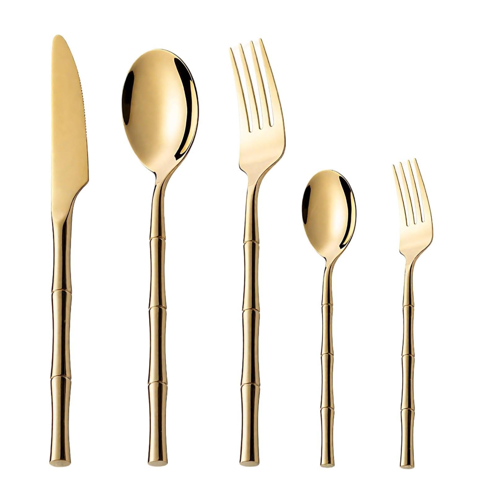 20-teiliges goldfarbenes Besteckset mit Holzgriff, Utensilienset aus 304 Edelstahl, inklusive Tafelmessern, Gabeln und Löffeln, spiegelpoliert, elegantes Tafelservice für 4 Personen