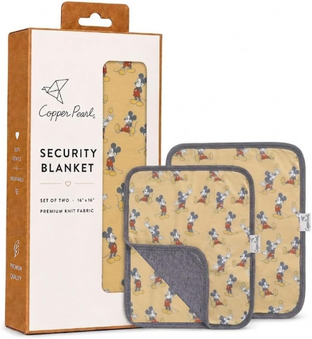 Copper Pearl Baby Security Blanket Set of 2 - Portable Size for Self-Soothing On-The-Go, Ideal Baby Blankets for Boys and Girls, Ultra-Soft, and Gift-Ready Loveys - Mickey Mouse