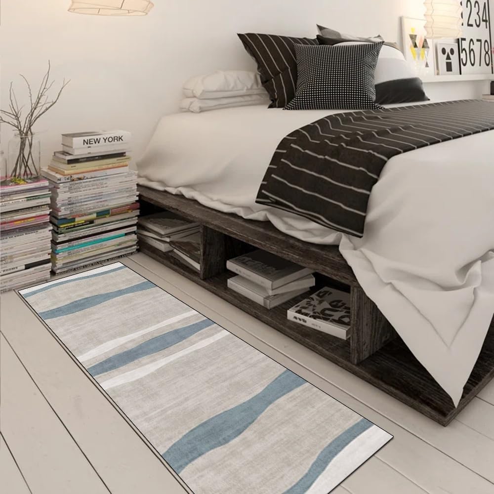 Teppichflur Küchen Meterware rutschfest Grau Blau Abstrakt 60x280CM Teppich Läufer Flur Lang Waschbar Teppichläufer Korridor Polyester Wohnzimmer Schmutzfangmatte