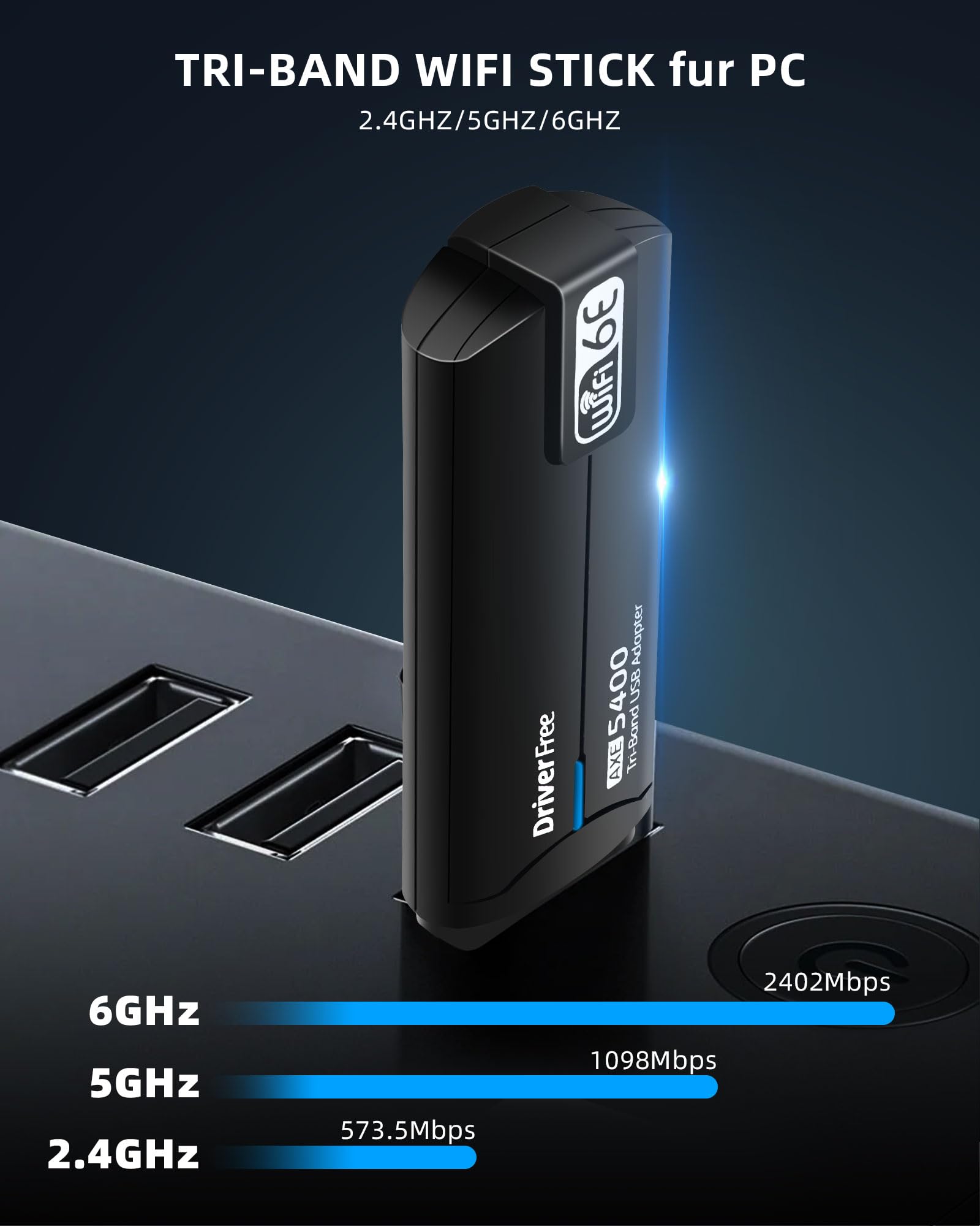 Clé WiFi 6 E Puissante AX5400 Mbps, Clé WiFi pour PC Tri-Bande 6GHz/5 GHz/2,4 GHz, Adaptateur USB WiFi, Dongle WiFi, MU-MIMO/USB3.0/WPA3 pour Windows 10/11