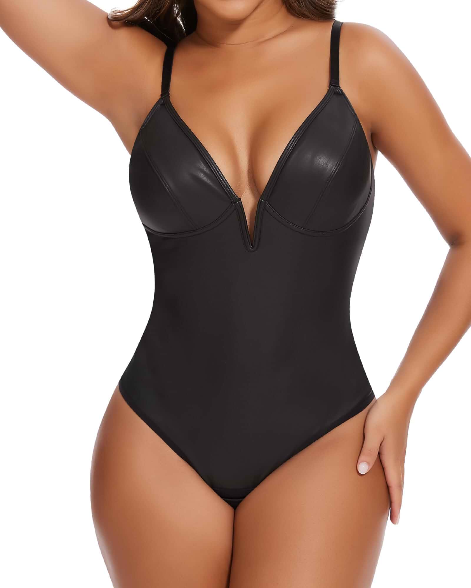 SHAPERIN Women's Deep V Neck Faux Leather Corset Bodysuit Tummy Control Shapewear Thong Body Shaper Plunge Cami Top Sleeveless