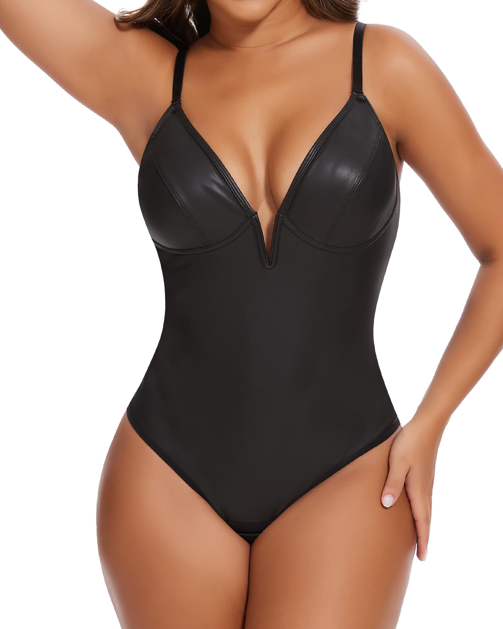 Photo 1 of SHAPERIN Women's Deep V Neck Faux Leather Corset Bodysuit Tummy Control Shapewear Thong Body Shaper Plunge Cami Top (Medium,Black)