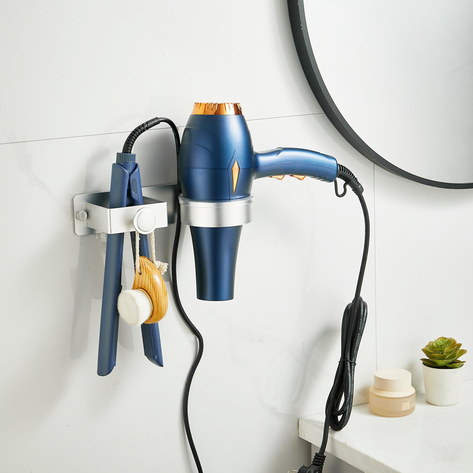 Soporte para secador de pelo, secador de pelo montado en la pared y soporte para alisador, organizador de herramientas adhesivas para el cuidado del cabello para baño, soporte de aluminio para
