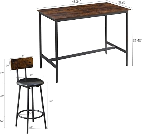 Miniatura 2 de Juego de mesa y sillas de bar para 4, 5 piezas de madera industrial para cocina, mesa de comedor de altura con 4 sillas tapizadas de poliuretano con