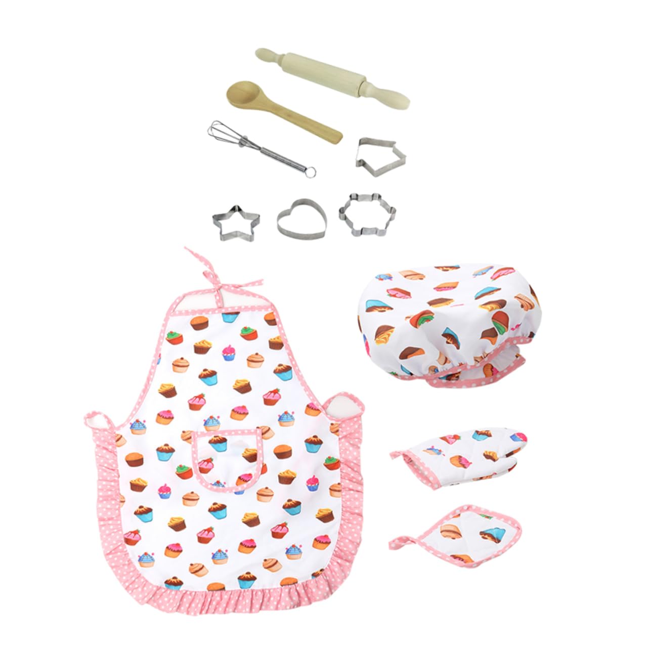 Juego de Cocina Infantil para Niñas Delantal, Gorro y 4 Moldes Adhesivos, Material de Tela Lavable y Fácil de Transportar para Juegos de Cocina y Vacaciones