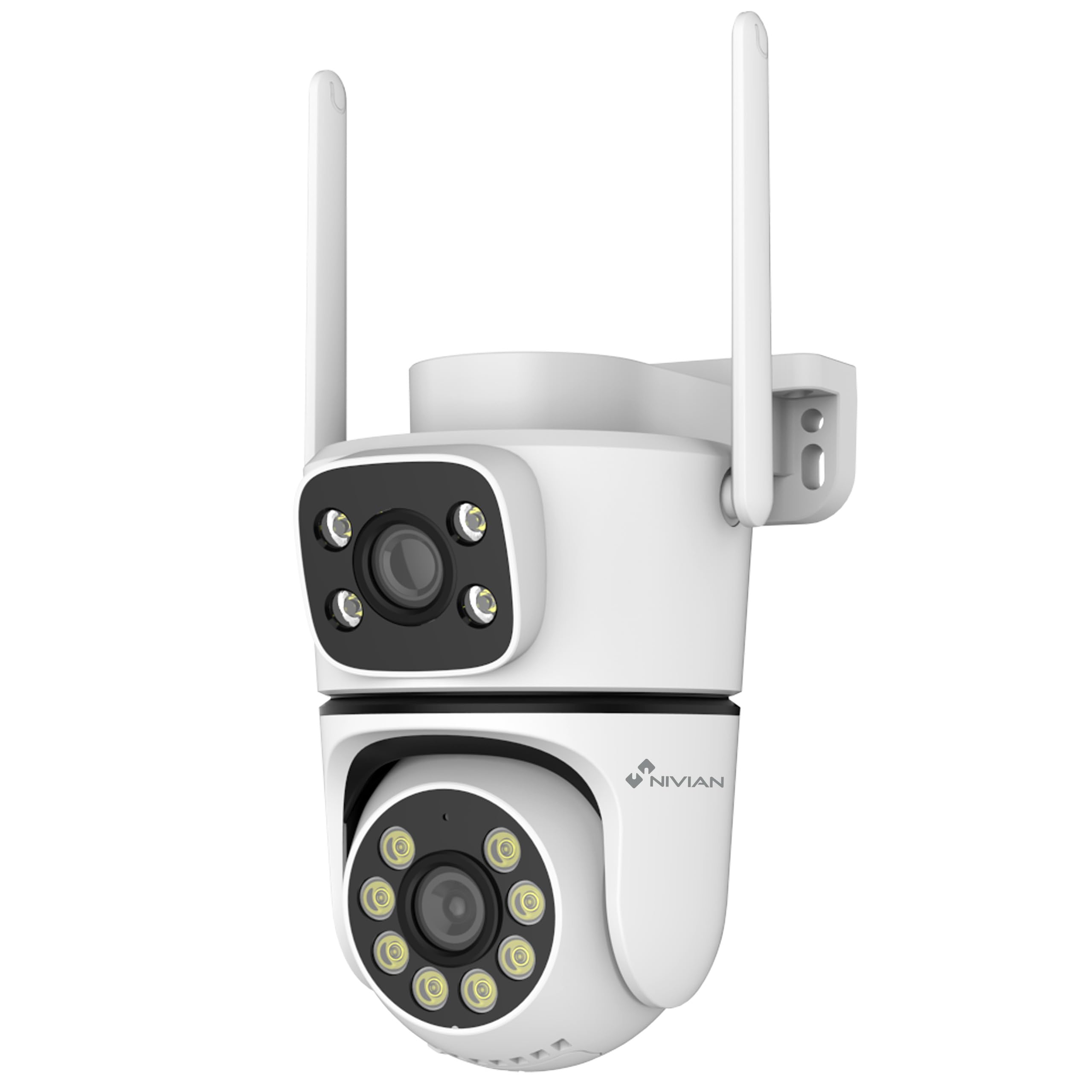 Telecamera di sicurezza esterna NVIIAN Dual 3MP SuperHD 2K WiFi con doppia lente – Nessun punto cieco, tracciamento automatico AI, audio bidirezionale, IP65, controllo tramite app Tuya (Bianco)
