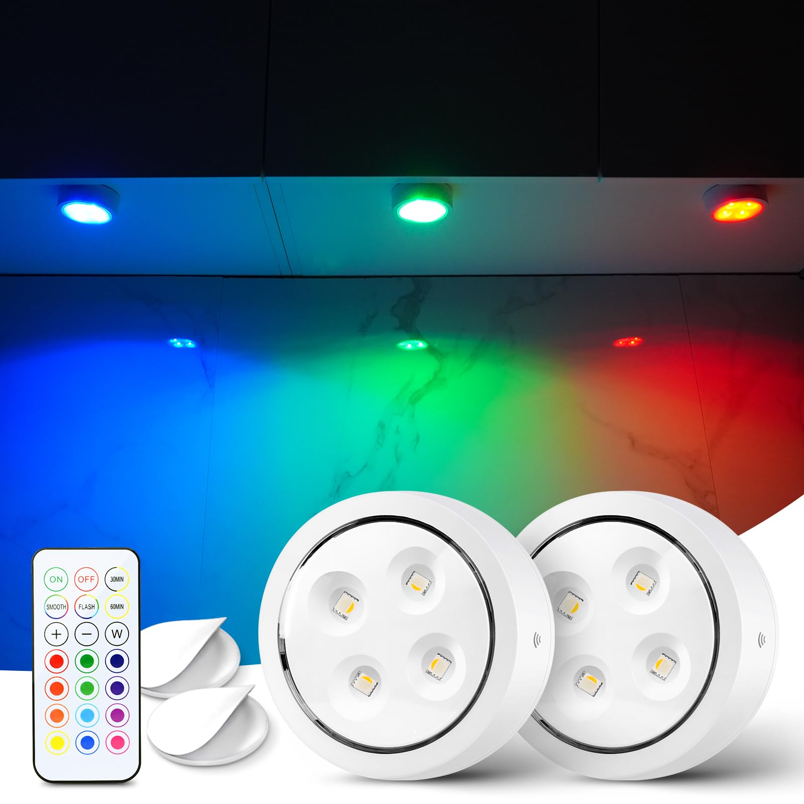 Push Lights with Remote 6-Piece Battery-Powered LED Hockey Puck Lights, Wireless Under-Cabinet &amp; Baseboard Illumination, Dimmable &amp; Color-Changing (2 Pack White, Color)