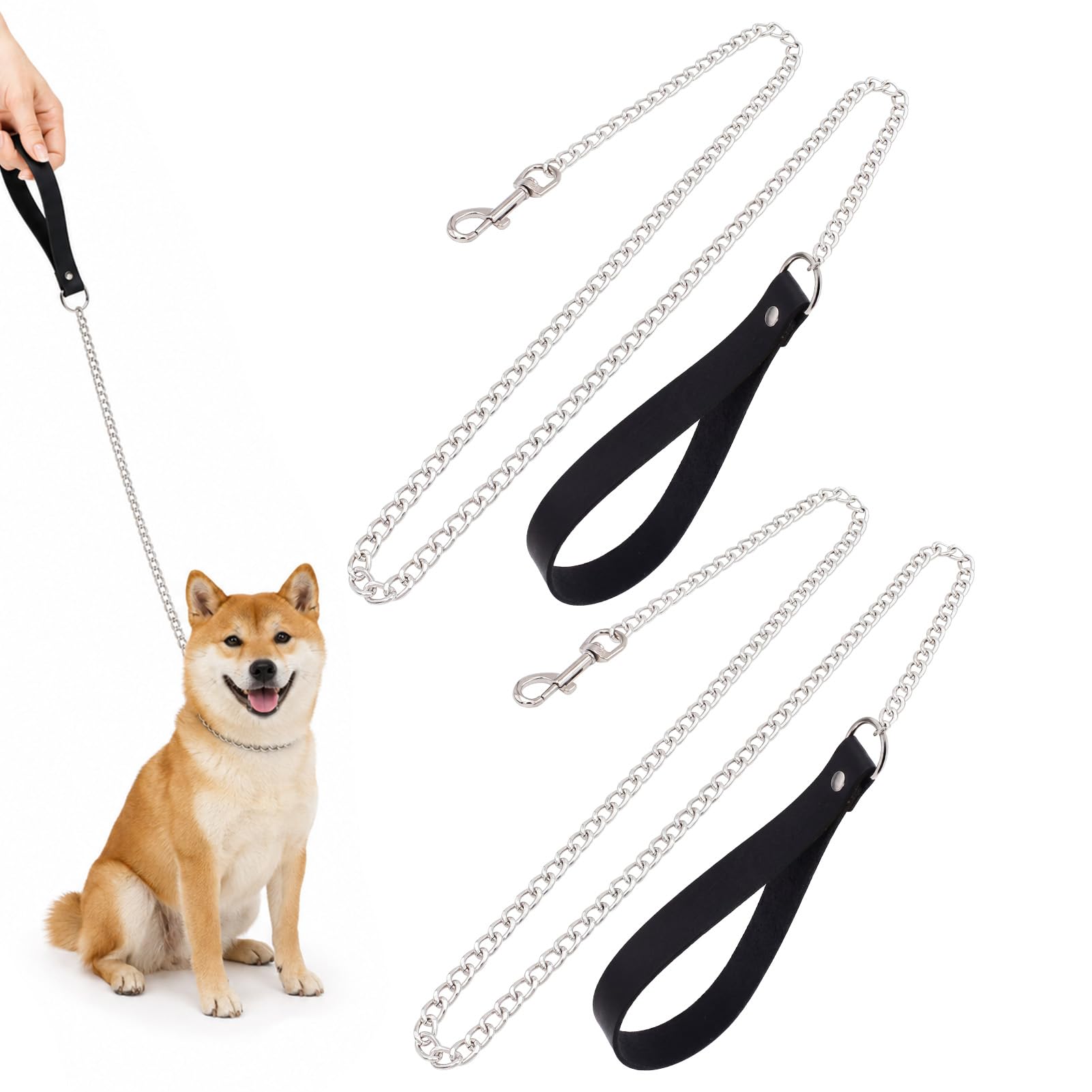 2Pcs Metal Dog Chain Leash, 120cm/4FT CAnti Chew Dog Lead with No Bite Chain and Soft Padded Handle for Small Medium Large Dogs Training Walking, Black