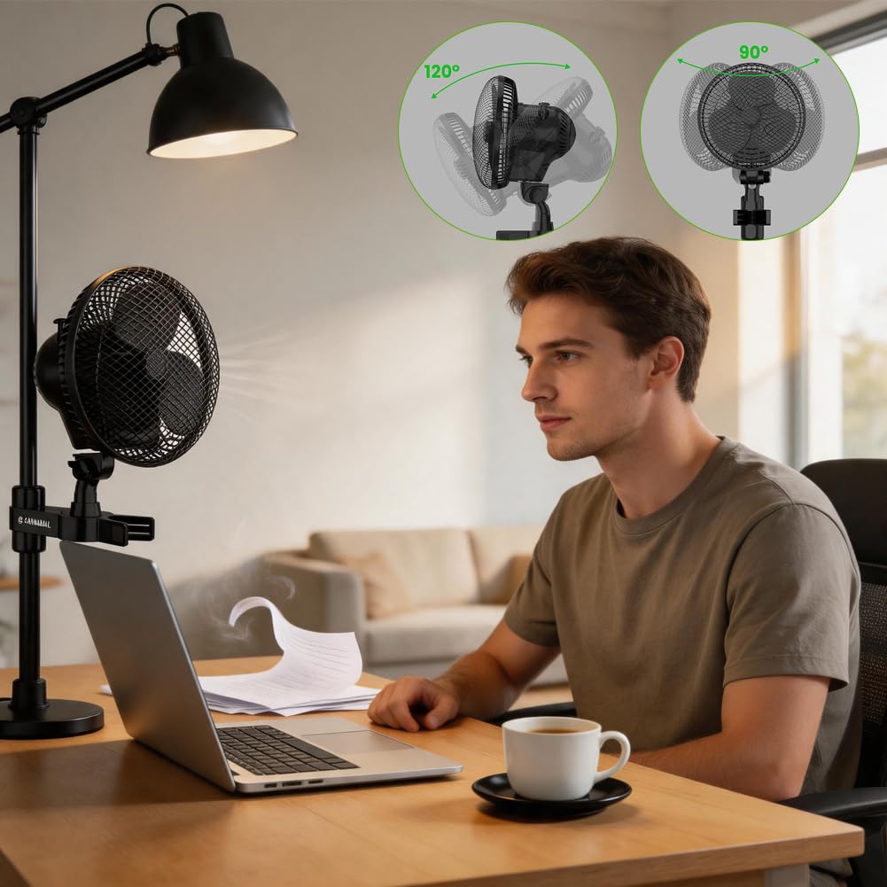 DASIAUTOEM Grow Ventilatore oscillante con morsetto, 330 CFM, motore EC, oscillante, IP54, timer silenzioso da 8 W