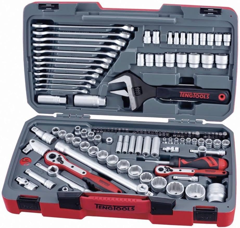 Teng Tools 127 Piece 1/4, 3/8 & 1/2 Drive Metric & SAE Regular/Shallow & Deep Socket Set - TM127, Silver