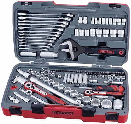 Teng Tools Juego de llaves métricas de 1/4, 3/8 y 1/2 y SAE regular/poco profundo y profundo, 127 piezas, TM127, plateado