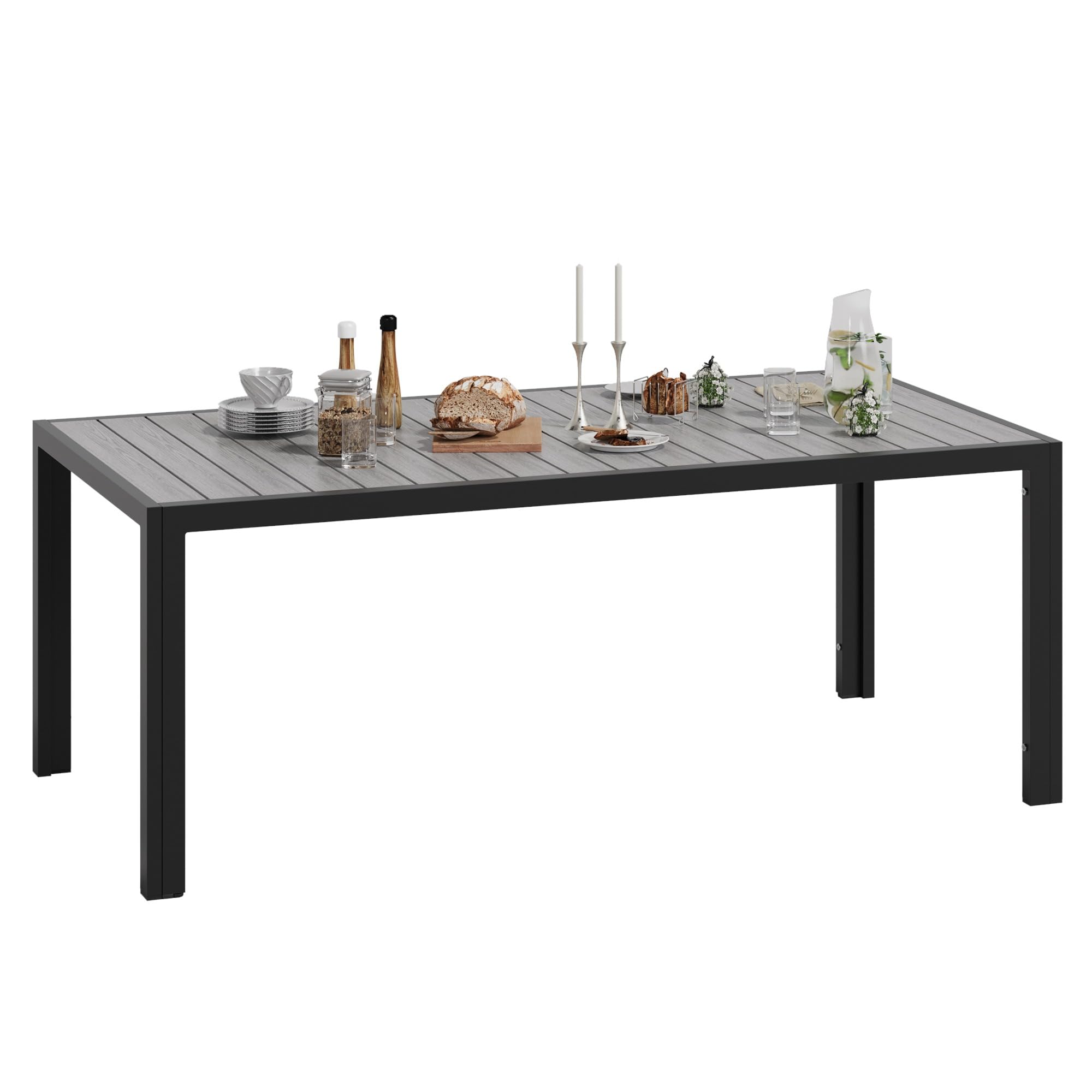 Devoko HDPS wetterfester Gartentisch, 189 x 80 x 74 cm Aluminium-Tisch für den Außenbereich mit Holzmaserung, pflegeleicht, Esstisch für 6 bis 10 Personen (grau)