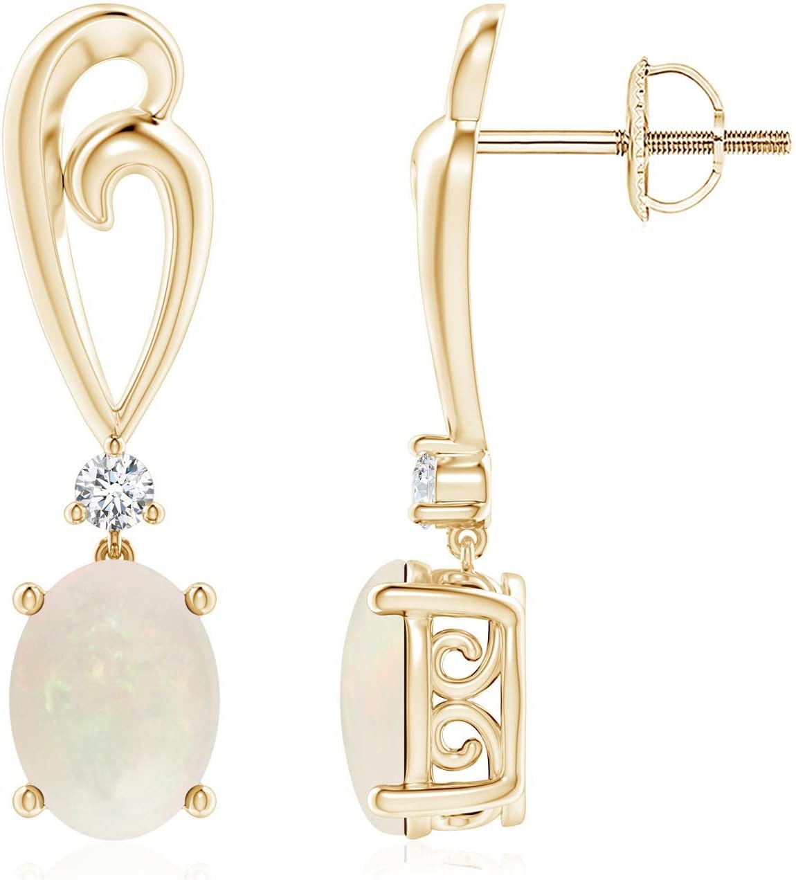 ANGARA Natural Opal Earrings for Women | Solitaire Oval Opal Swirl Drop Earrings with Diamond in 14K Solid Gold/Silver/Platinum | October Birthday, Anniversary, Gemstone Jewellery Gift