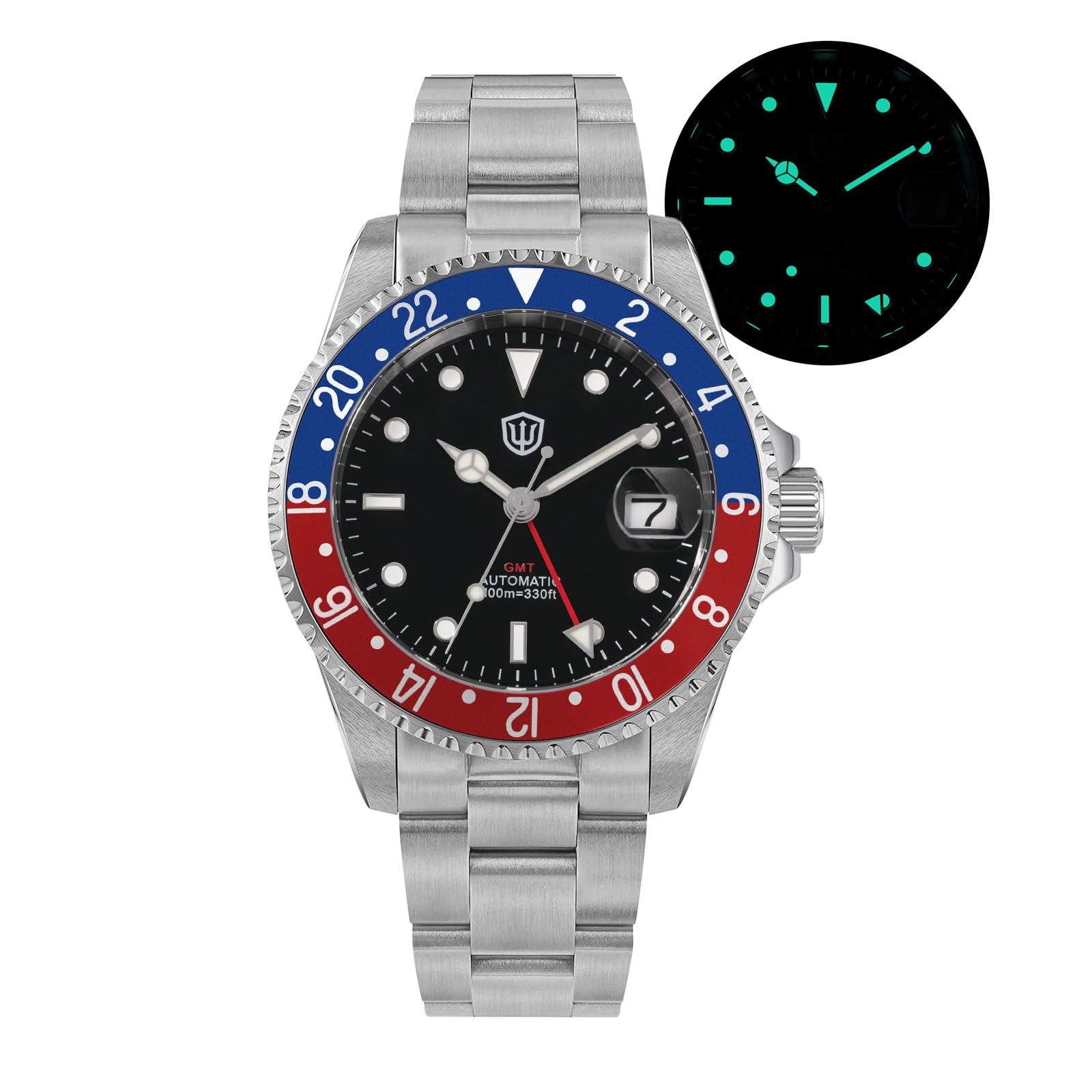 watchdives Reloj GMT para Hombre WD0014, Reloj de Buceo con Dos Zonas horarias, NH34, Reloj de Pulsera automático Vintage, 40 mm, Bisel de Aluminio