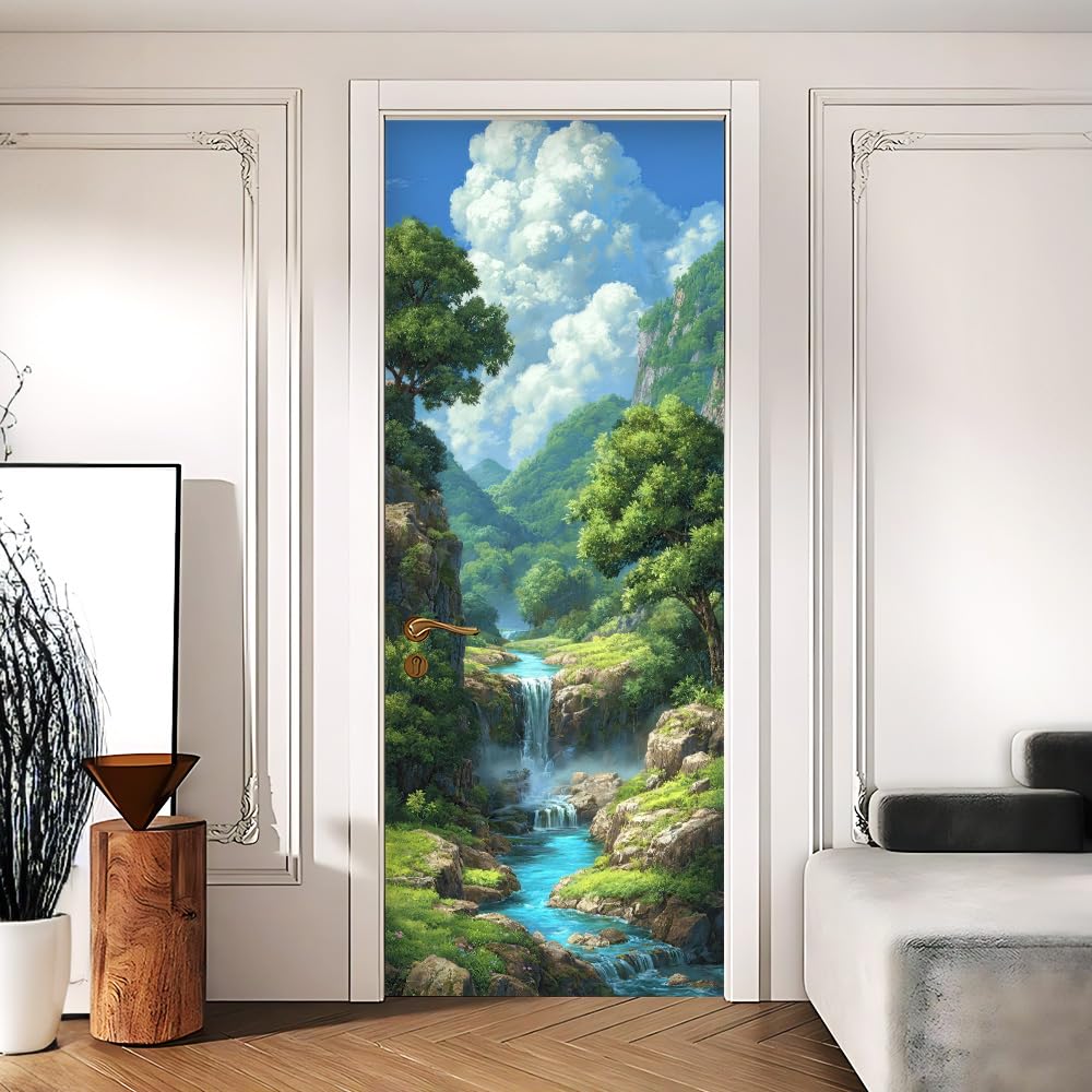 Painted Forest Waterfall Mountain Gorge Door Mural 30.31x78.74in