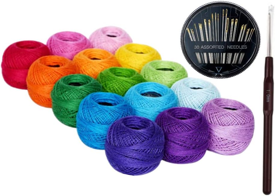 15 Colors Crochet Thread Balls, Size 8 Cotton Thread with 30pcs Sewing Needles