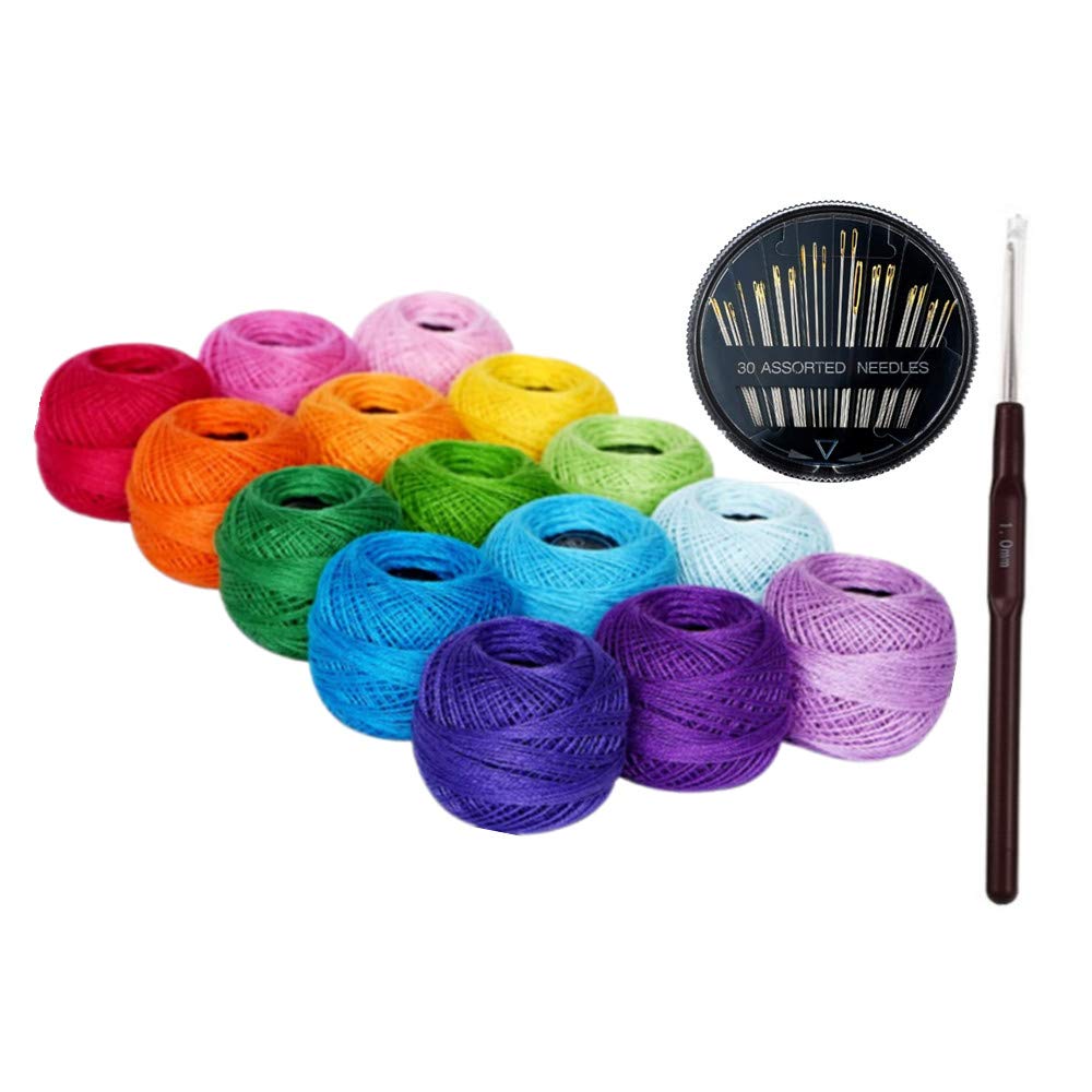 15 Colors Crochet Thread Balls, Size 8 Cotton Thread with 30pcs Sewing Needles