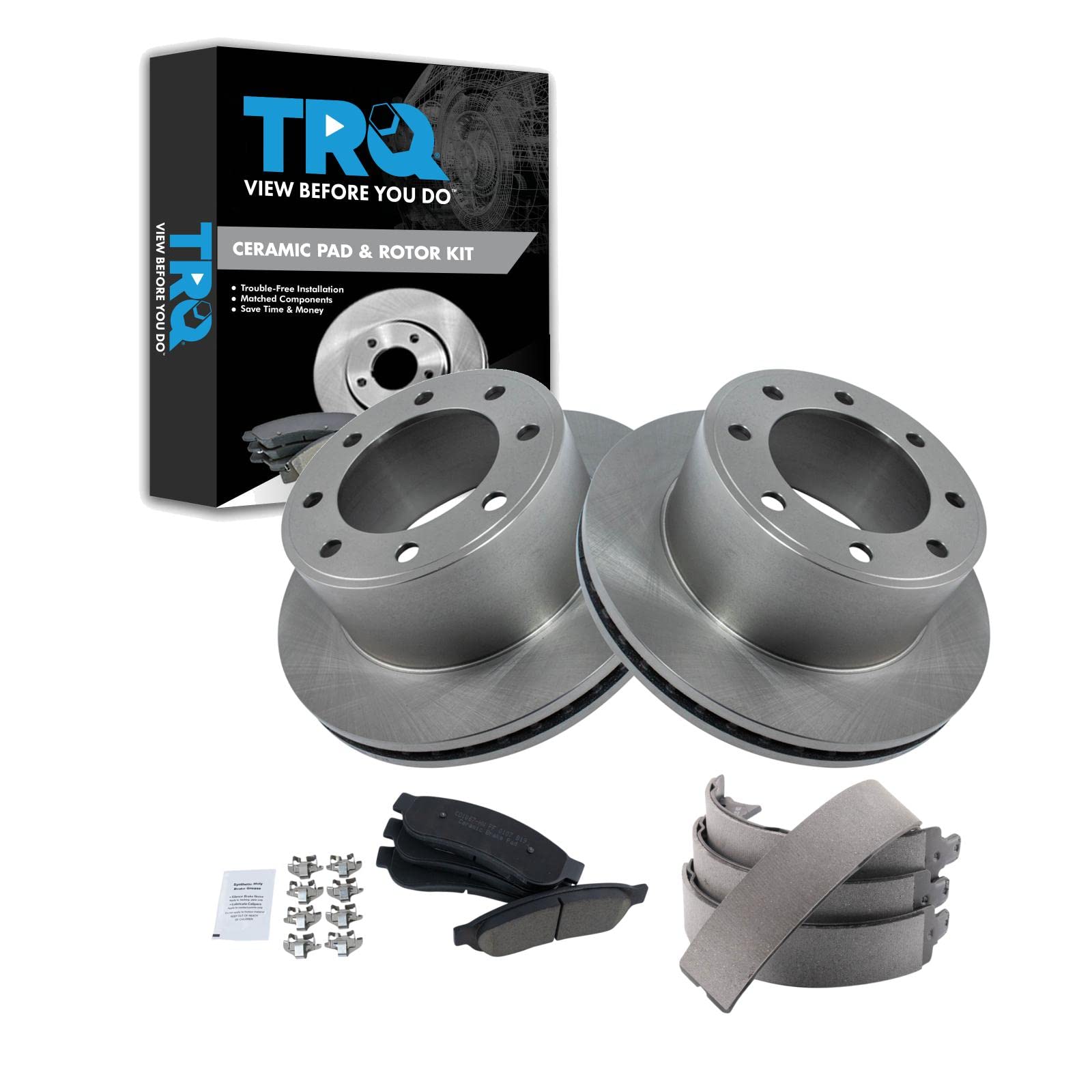 TRQ Rear Brake Pad &amp; Rotor Kit Parking Brake Shoe Set Ceramic Compatible with 2008-2010 Ford F-250 Super Duty 2005-2012 F-350 Super Duty