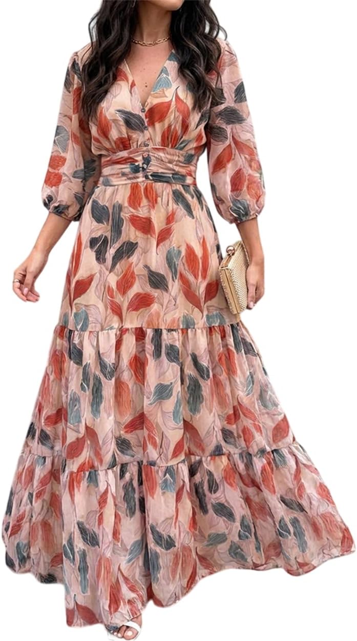CHICME Women’s Summer Boho Maxi Dress V Neck 3/4 Puff Sleeve Floral Print Casual Vacation Beach Long Dress